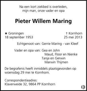 overlijdensadvertentie pieter willem maring in 2013.